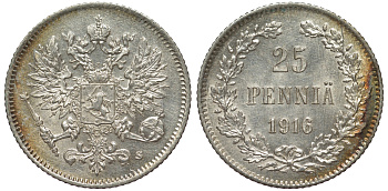 Россия для Финляндии 25 пенни 1916 S, Николай II (1894-1917) KM 6.2, Биткин 421 серебро 75-1246