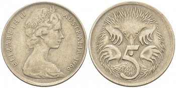 АВСТРАЛИЯ 5 ЦЕНТОВ 1966 ЕЛИЗАВЕТА II, МОЛОДОЙ ПОРТРЕТ, ЕХИДНА KM 64 медно-никель 3851-1119