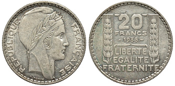 Франция 20 франков 1938 Пьер Тюрен KM 879, Le Franc 400.7 серебро 00-1067-4-51