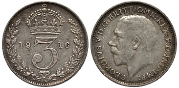 Великобритания 3 пенса 1916 Георг V (1910-1936) KM 813, Spink 4015 серебро 4528-444
