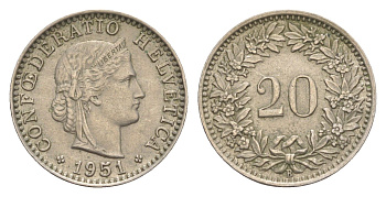 Швейцария 20 раппенов 1951 B KM 29a медно-никель 4547-417