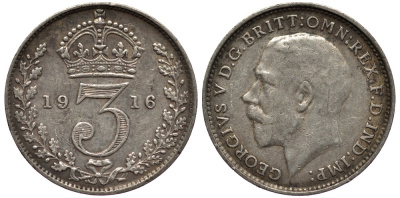 Великобритания 3 пенса 1916 Георг V (1910-1936) KM 813, Spink 4015 серебро 4528-444