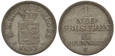 Саксония 1 новый грош - 10 пфеннигов 1853 Фридрих Август II (1797-1854) KM 1159, J. 82 серебро 75-132