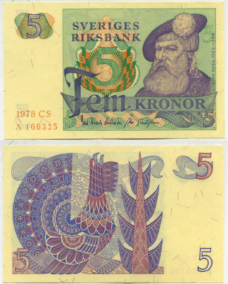 Швеция 5 крон 1978 CS, Густав I Ваза Pick 51d бумага aUNC 444-100-3-1