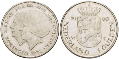 Нидерланды 1 гульден 1980 на коронацию Беатрикс, 30 апреля 1980 KM 200 никель 31-824