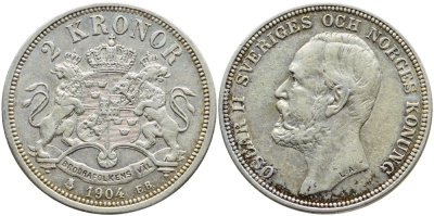 Швеция 2 кроны 1904 EB, Оскар II (1872-1907) король Швеции и Норвегии KM 761 серебро 06-282-32