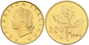 Италия 20 лир 1994 R, дубовый лист KM 97.2 алюминиевая бронза  UNC  4594-863