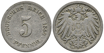 ГЕРМАНИЯ 5 ПФЕННИГОВ 1893 D KM 11, J. 12 медно-никель 39-653