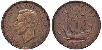 Великобритания 1/2 пенни 1941 Георг VI (1936-1952) KM 844, Spink 4115 бронза 4122-753