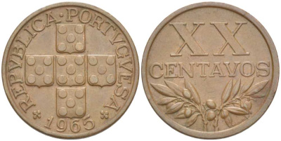 ПОРТУГАЛИЯ 20 СЕНТАВО 1965 KM 584 бронза 4513-1242