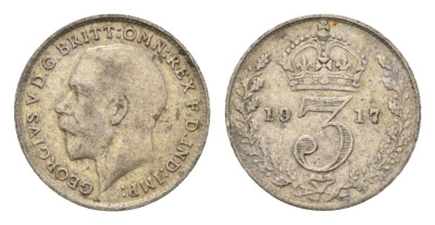Великобритания 3 пенса 1917 Георг V (1910-1936) KM 813, Spink 4015 серебро 4644-212