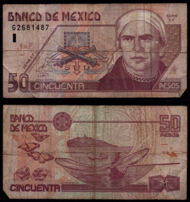 Мексика 50 песо 2002 Море́лос Хосе Мария, штат Мичоакан, бабочки Pick 117 b(1) бумага 8604-22-2-1
