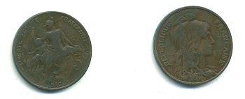 ФРАНЦИЯ 5 САНТИМОВ 1916 ТИП ДАНИЭЛЬ ДЮПЮИ, INCLUS KM 842, LE FRANC 119.29 бронза 84-545