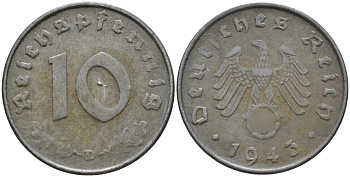 Германия 10 рейхспфеннигов 1943 D KM 101, J.371 цинк 4151-245