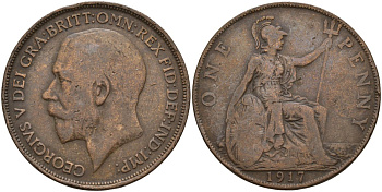 Великобритания 1 пенни 1917 Георг V (1910-1936) KM 810, Spink 4051 бронза 4144-445