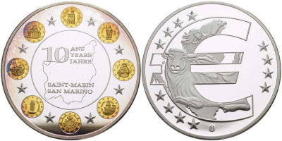 НИДЕРЛАНДЫ МЕДАЛЬ 2012 СЕРИЯ 10 ЛЕТ ЕВРО, САН МАРИНО, СЕРЕБРЕНИЕ, ПОЗОЛОТА, ДИАМЕТР 40 ММ., ПОХИЩЕНИЕ ЕВРОПЫ PROOF 1082-6-43