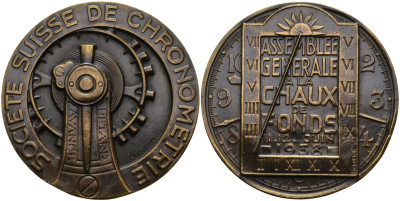 Швейцария медаль 1938 Medaille Assemblée Generale SOCIETE SUISSE DE CHRONOMETRIE 1938, Швейцарское хронометрическое общество, диаметр 49 мм. бронза 00-817-28
