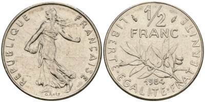 Франция 1/2 франка 1984 сеятель KM 931.1 никель 25-1045