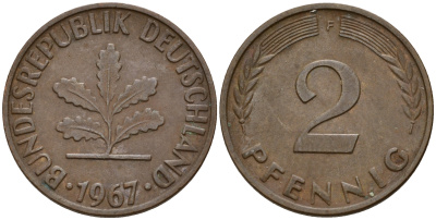 ФРГ 2 пфеннига 1967 F J.381  KM 106 бронза    4598-745