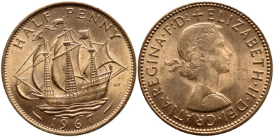 Великобритания 1/2 пенни 1967 Елизавета II (1952-2022) КМ 896, Spink 4158 бронза UNC 08-1235