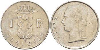 Бельгия 1 франк 1976 Belgie, Бодуэн I (1951-1993) KM 143.1 медно-никель 213-352