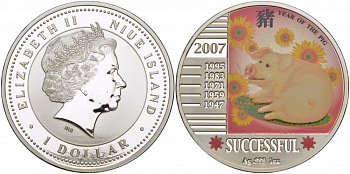 Ниуэ 1 доллар 2007 год Свиньи, успешный, цветная эмаль KM NEW серебро PROOF 1066-7-41