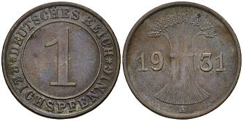 Германия 1 рейхспфенниг 1931 A KM 37, J. 313 бронза 4189-1136