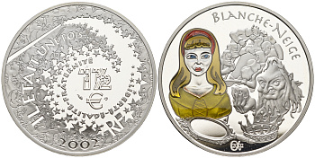Франция 1 1/2 евро 2002 серия сказки, Белоснежка и семь гномов, эмаль, в оригинальной коробке, с сертификатом KM 1840 серебро  PROOF  7-3-1-24