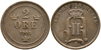 Швеция 2 эре 1905 Оскар II (1872-1907) король Швеции и Норвегии KM 746 бронза 54-1755