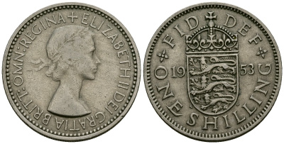 Великобритания 1 шиллинг 1953 Елизавета II (1952-2022), Английский герб KM 890, Spink 4139 медно-никель 4538-111