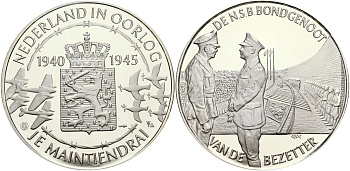 Нидерланды медаль ND Голландия в войне 1940-1945, союзники и захватчики, 31,3 гр, 45,0 мм  серебро  PROOF  1066-3-22