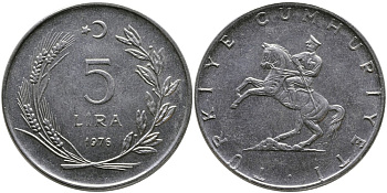 Турция 5 лир 1976 Кемаль Ататюрк KM 905 нержавеющая сталь 29-143