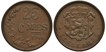 Люксембург 25 сантимов 1946 Шарлотта (1918-1964) KM 45 бронза 4538-834
