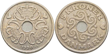 ДАНИЯ 5 КРОН 1990 LG; JP; A, МАРГРЕТЕ II (1972-) KM 869.1 медно-никель 109-1032