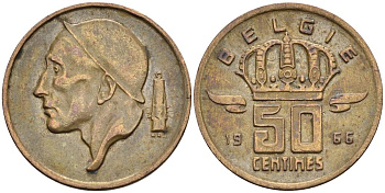 Бельгия 50 сантимов 1966 Belgie, Бодуэн I (1951-1993) KM 149.1 бронза 4528-962