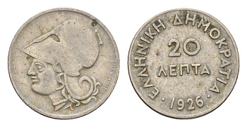 Греция 20 лепт 1926 Афина в коринфском шлеме, год-тип KM 67 медно-никель 4668-1251