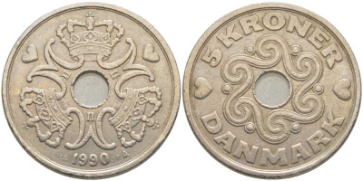 ДАНИЯ 5 КРОН 1990 LG; JP; A, МАРГРЕТЕ II (1972-) KM 869.1 медно-никель 109-1032