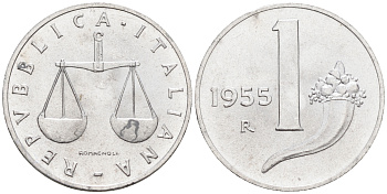 Италия 1 лира 1955 R, весы KM 91 алюминий  UNC  4594-734