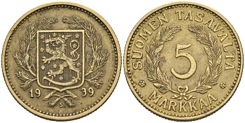 Финляндия 5 марок 1939 S KM 31 алюминиевая бронза 4563-351