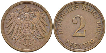ГЕРМАНИЯ 2 ПФЕННИГА 1908 A KM 16, J. 11, Weege 4 медь 206-547