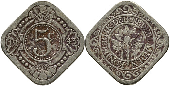 КЮРАСАО 5 ЦЕНТОВ 1943 KM 40 медно-никель 4387-826