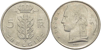 Бельгия 5 франков 1975 Belgie, Бодуэн I (1951-1993) KM 135.1 медно-никель 119-835