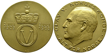 Норвегия медаль 1963 на 60 летие Олафа V, H. RUI, 40 мм, 42,0 гр, тираж 61 экземпляр (№ 10) золото UNC 10-002-08