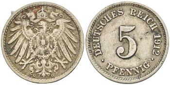 ГЕРМАНИЯ 5 ПФЕННИГОВ 1912 G KM 11, J. 12 медно-никель 105-156