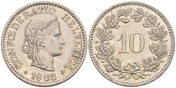 ШВЕЙЦАРИЯ 10 РАППЕНОВ 1983 KM 27 медно-никель 55-522