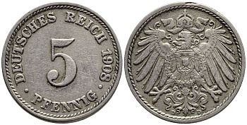 Германия 5 пфеннигов 1908 D KM 11, Jager 12, Weege 6 медно-никель 4547-464