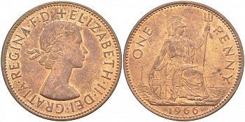 Великобритания 1 пенни 1966 Елизавета II (1952-2022) KM 897, Spink 4157 бронза 215-343