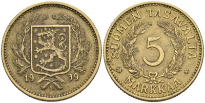 Финляндия 5 марок 1939 S KM 31 алюминиевая бронза 4563-351