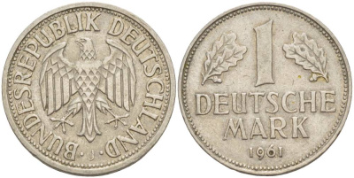 ФРГ 1 МАРКА 1961 F KM 110, J. 385 медно-никель 4551-1243