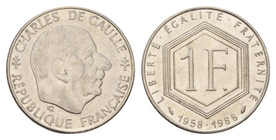 Франция 1 франк 1988 30 лет Пятой Республике, Шарль де Голль KM 963, Le Franc 227.2 никель 3459-824